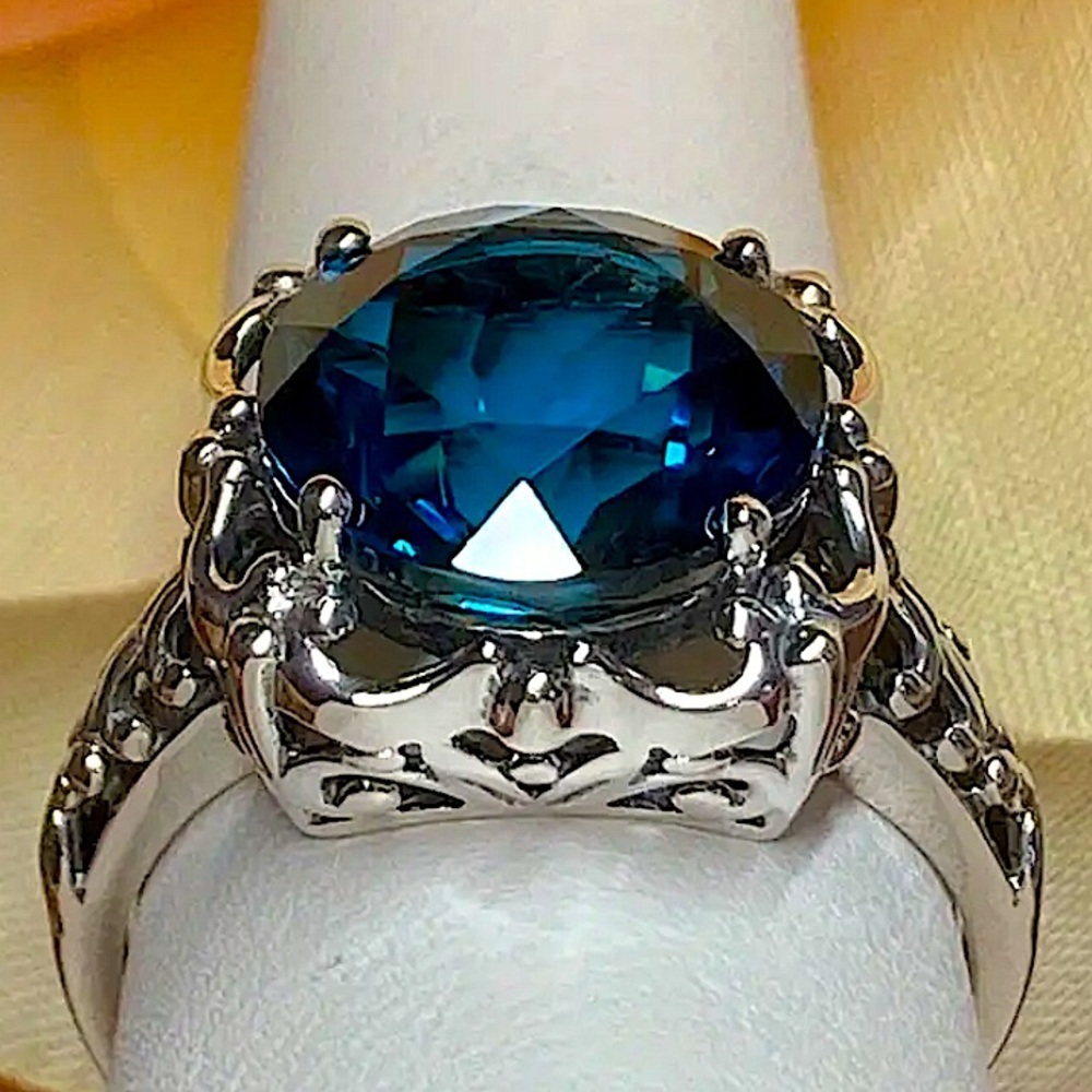 London Blue Topaz Ring 7ct Round Cut Natural Topaz Victorian Ornate Filigree - Picture 5 of 10